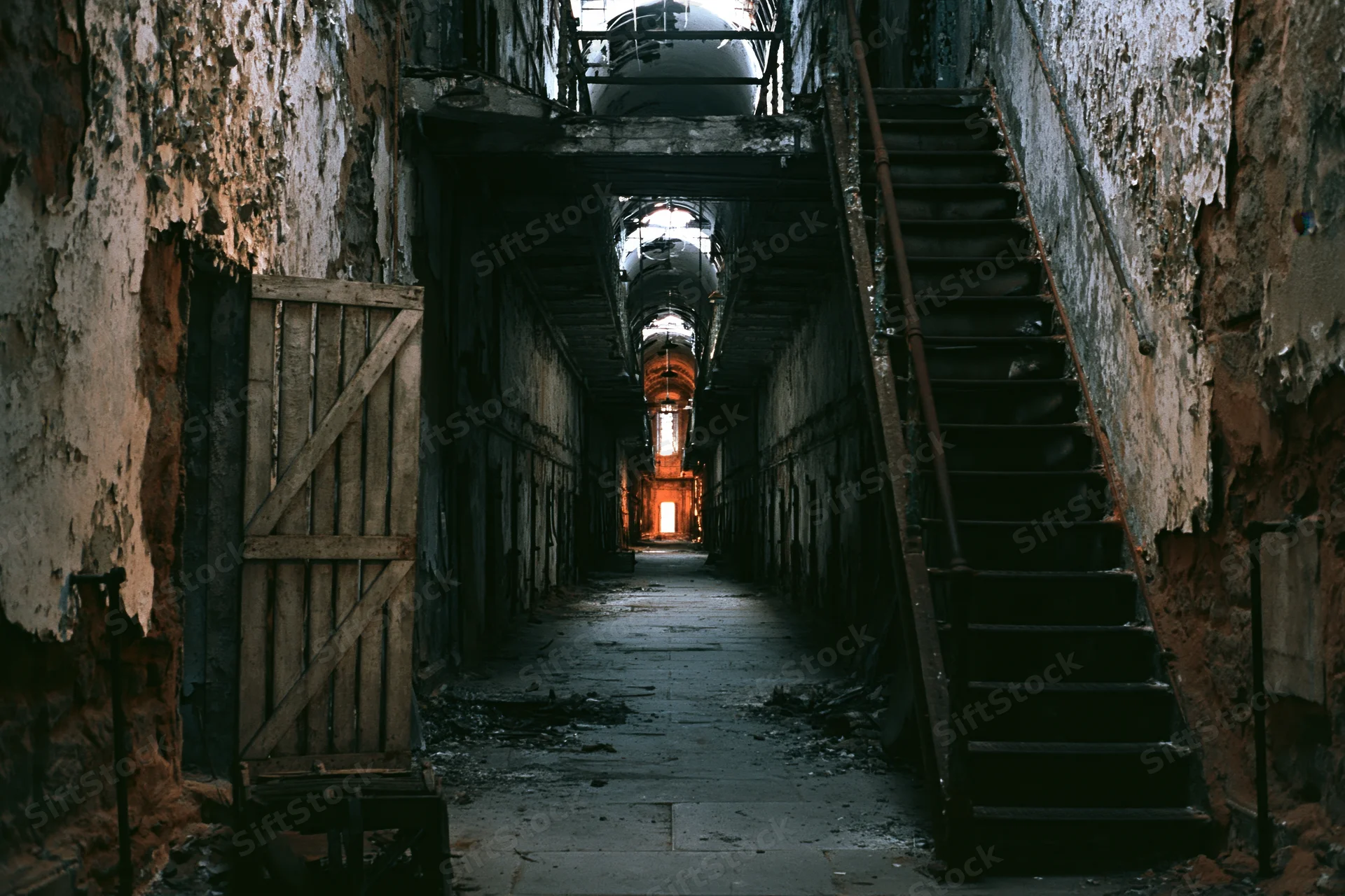Long abandoned prison corridor with crumbling walls and staircase leading to a distant light