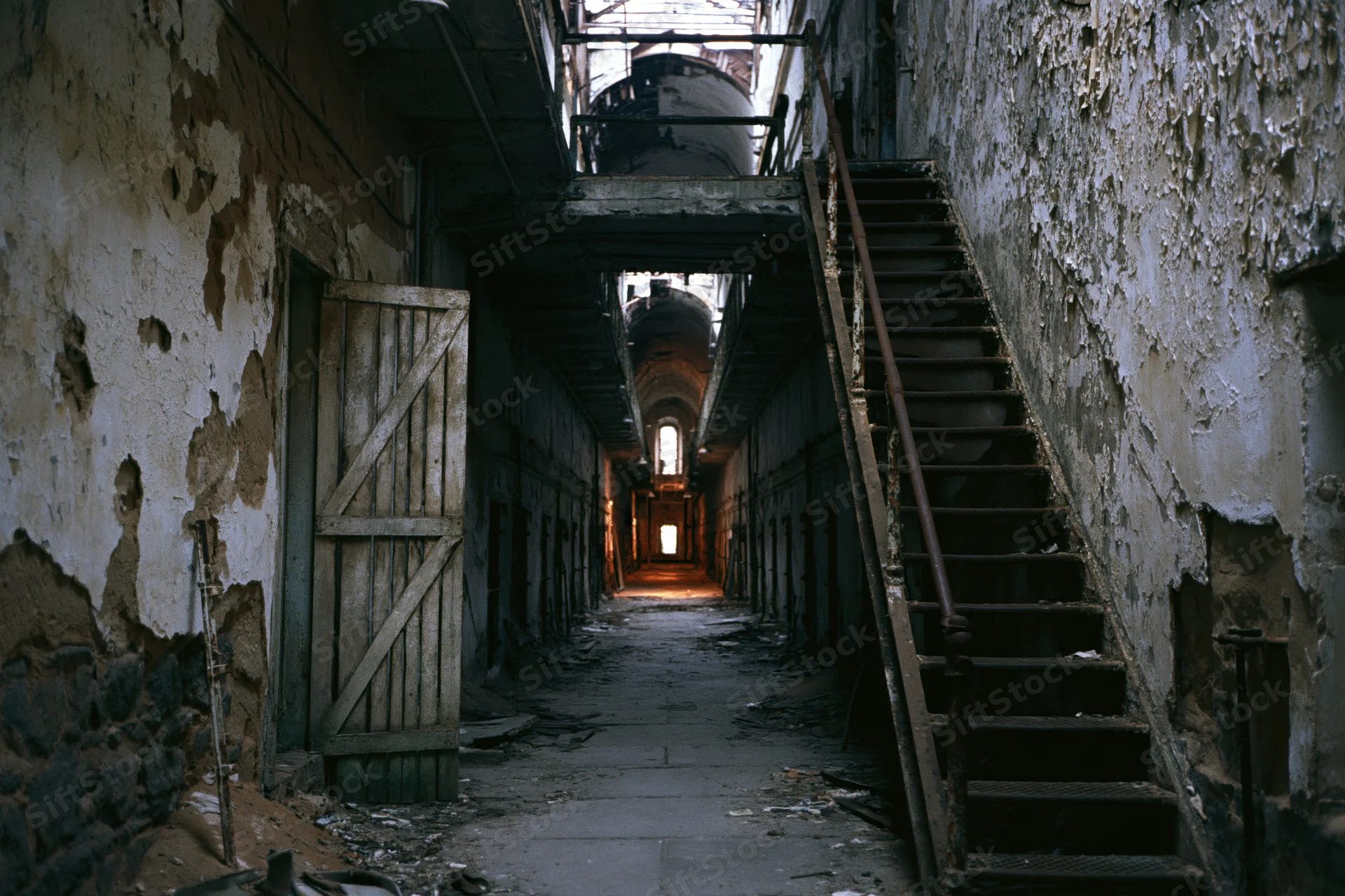 Long dim corridor in abandoned prison cellblock with crumbling walls and metal stairs