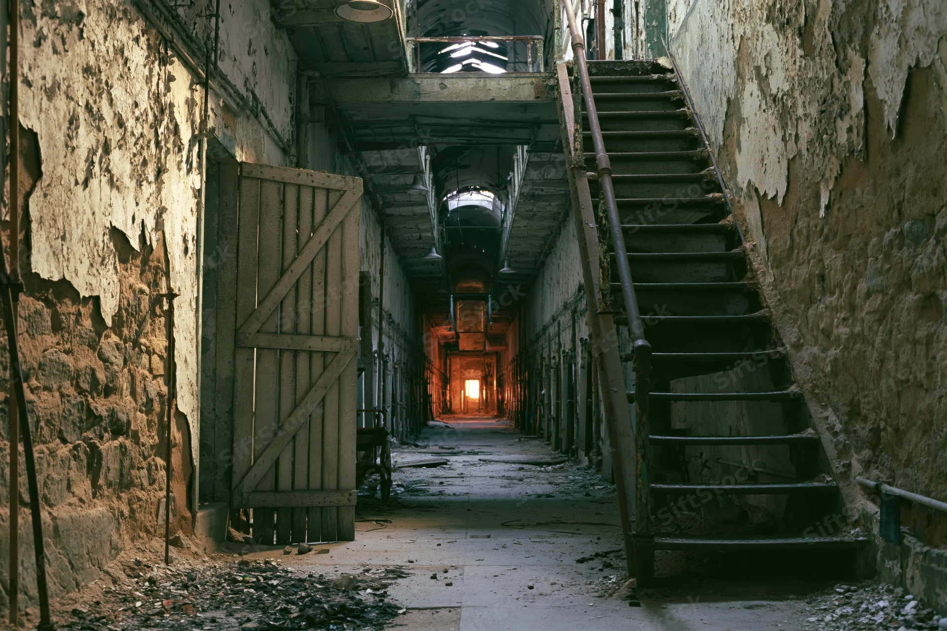 Long abandoned prison corridor with crumbling walls and staircase leading into dim light at far end