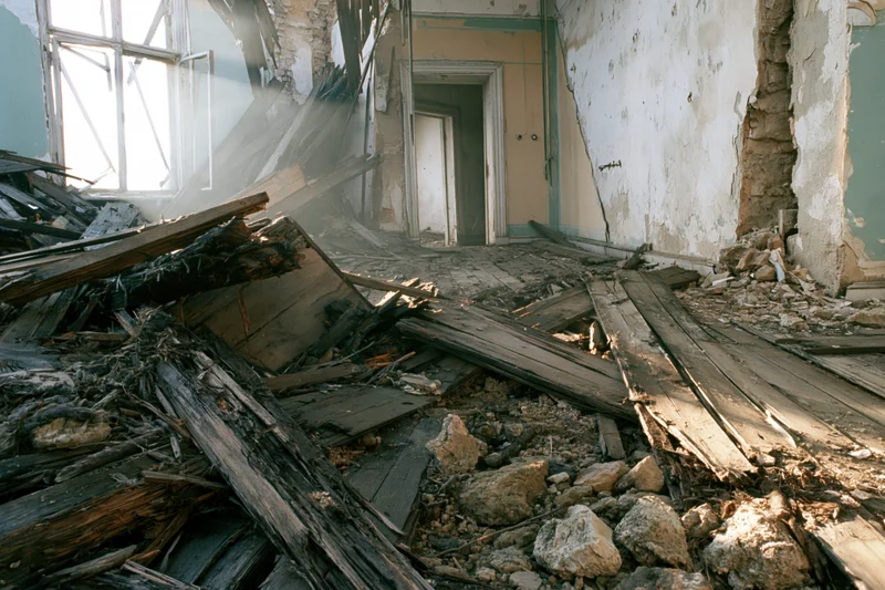 Interior of a collapsed abandoned building with debris and rotted wood scattered across the floor