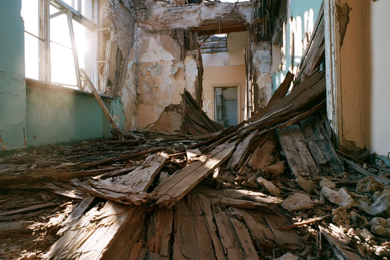 Collapsed interior of an abandoned building with debris and rotted wood scattered across the floor
