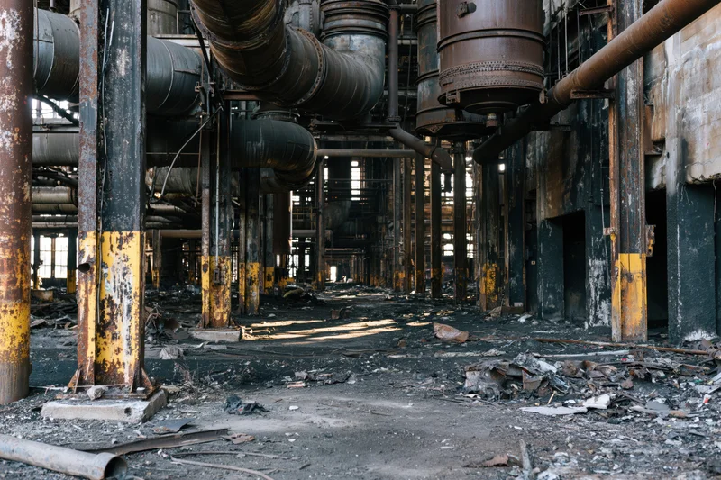 Derelict industrial plant interior with rusted pipes and debris on the floor