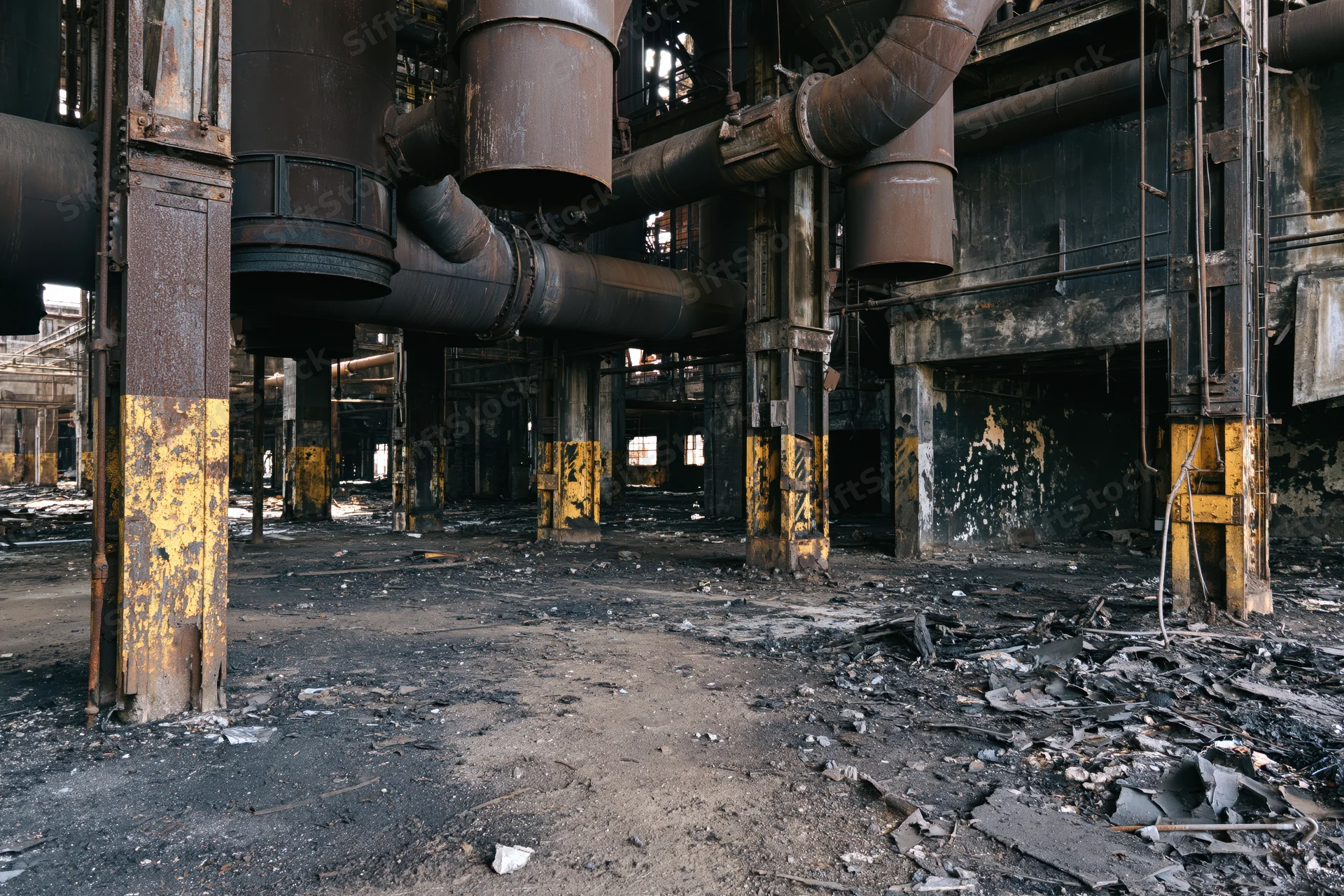Interior of a derelict industrial plant with rusted pipes and debris on the floor
