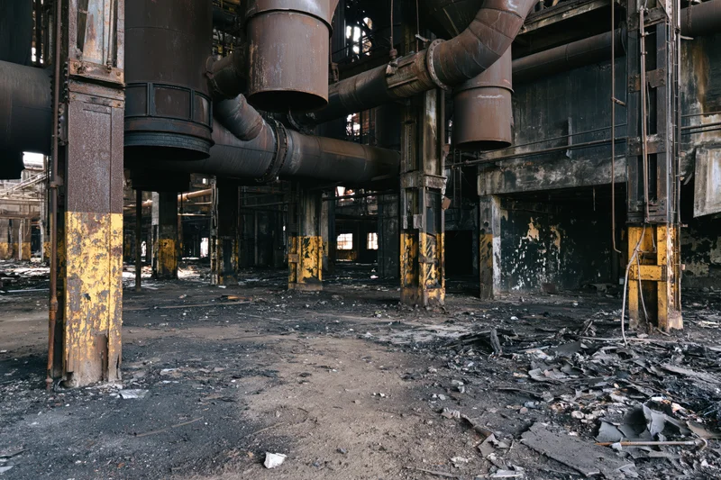 Interior of a derelict industrial plant with rusted pipes and debris on the floor
