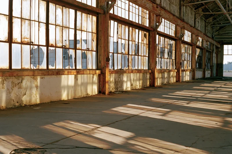 Wide interior of derelict industrial warehouse with sunlight streaming through broken windows onto concrete floor