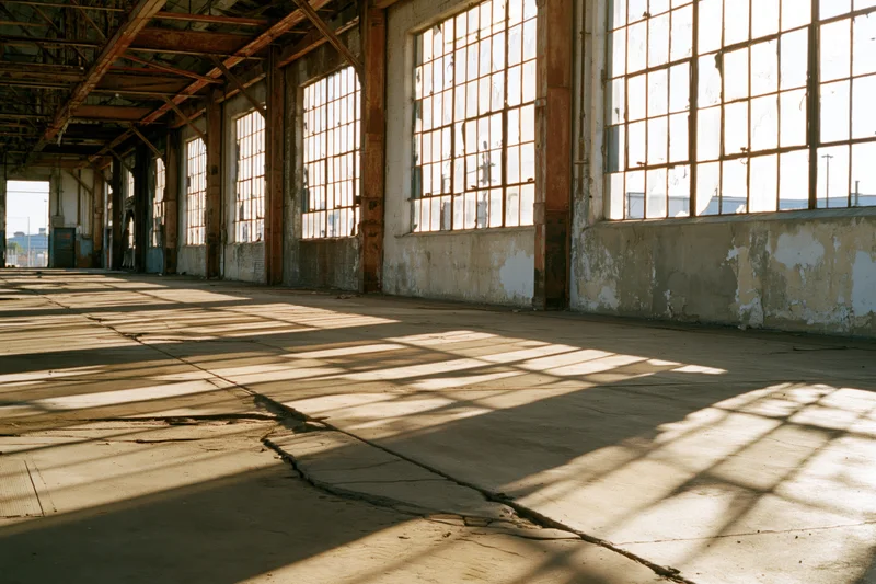 Wide view of empty derelict industrial warehouse interior with sunlight through large windows casting grid shadows on cracked concrete floor