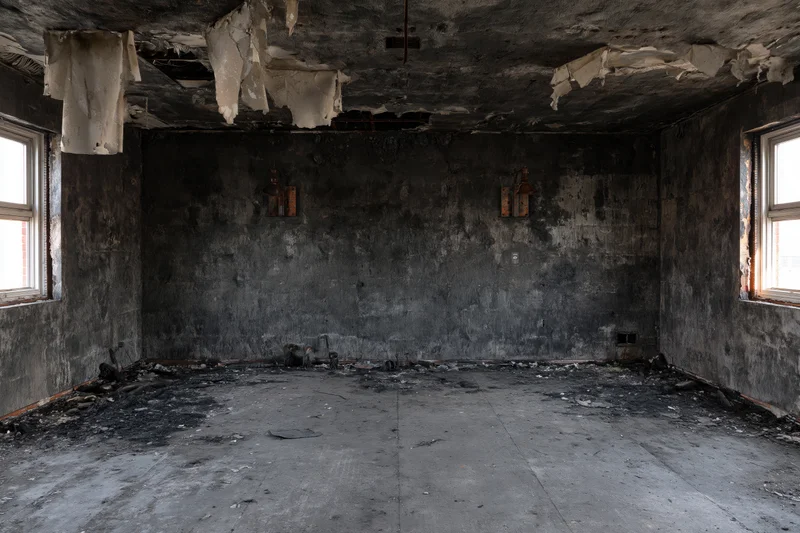 Fire-damaged interior of an abandoned room with blackened walls and debris on the floor