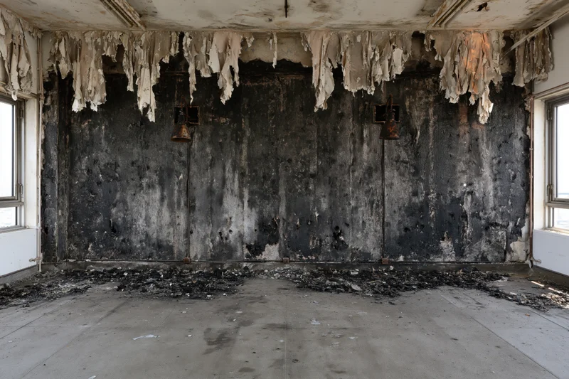 Fire-damaged interior of an abandoned room with blackened walls and hanging ceiling debris