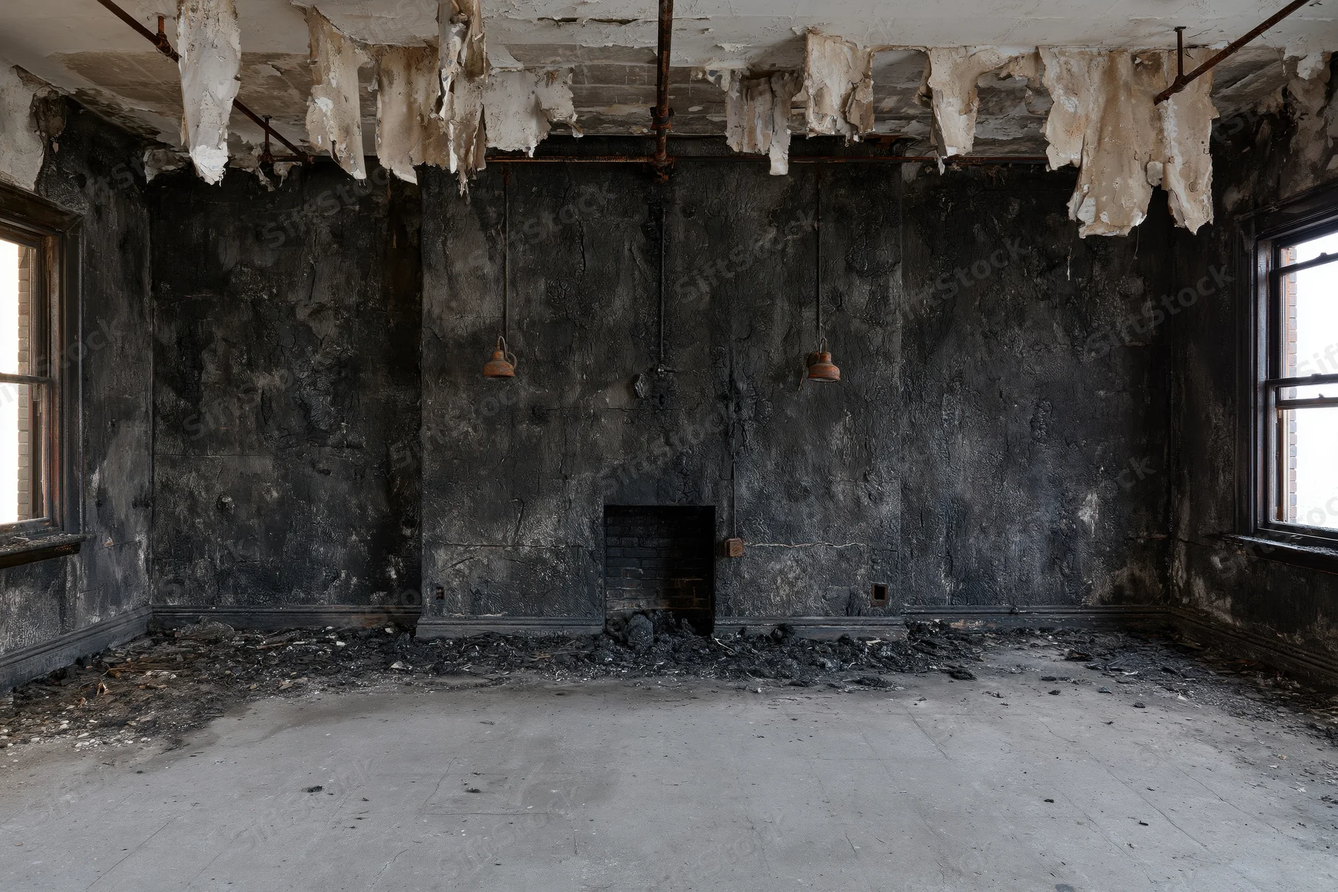 Fire-damaged interior of an abandoned room with blackened walls and collapsed ceiling