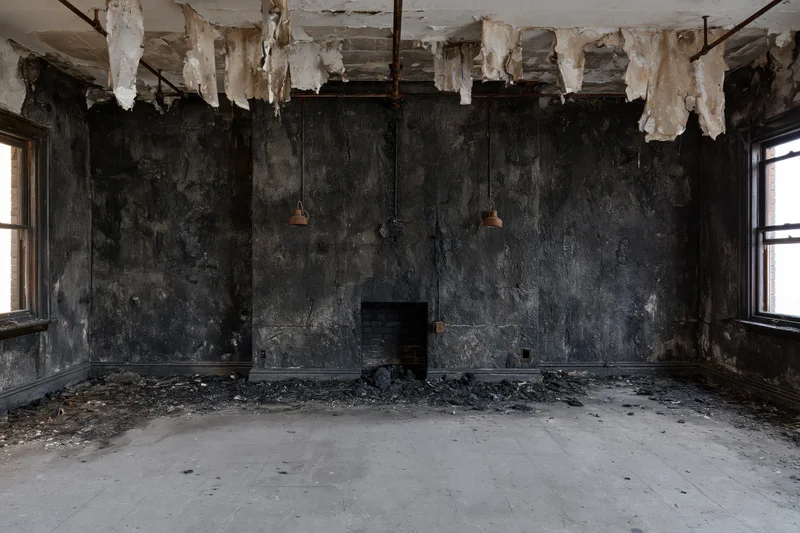 Fire-damaged interior of an abandoned room with blackened walls and collapsed ceiling