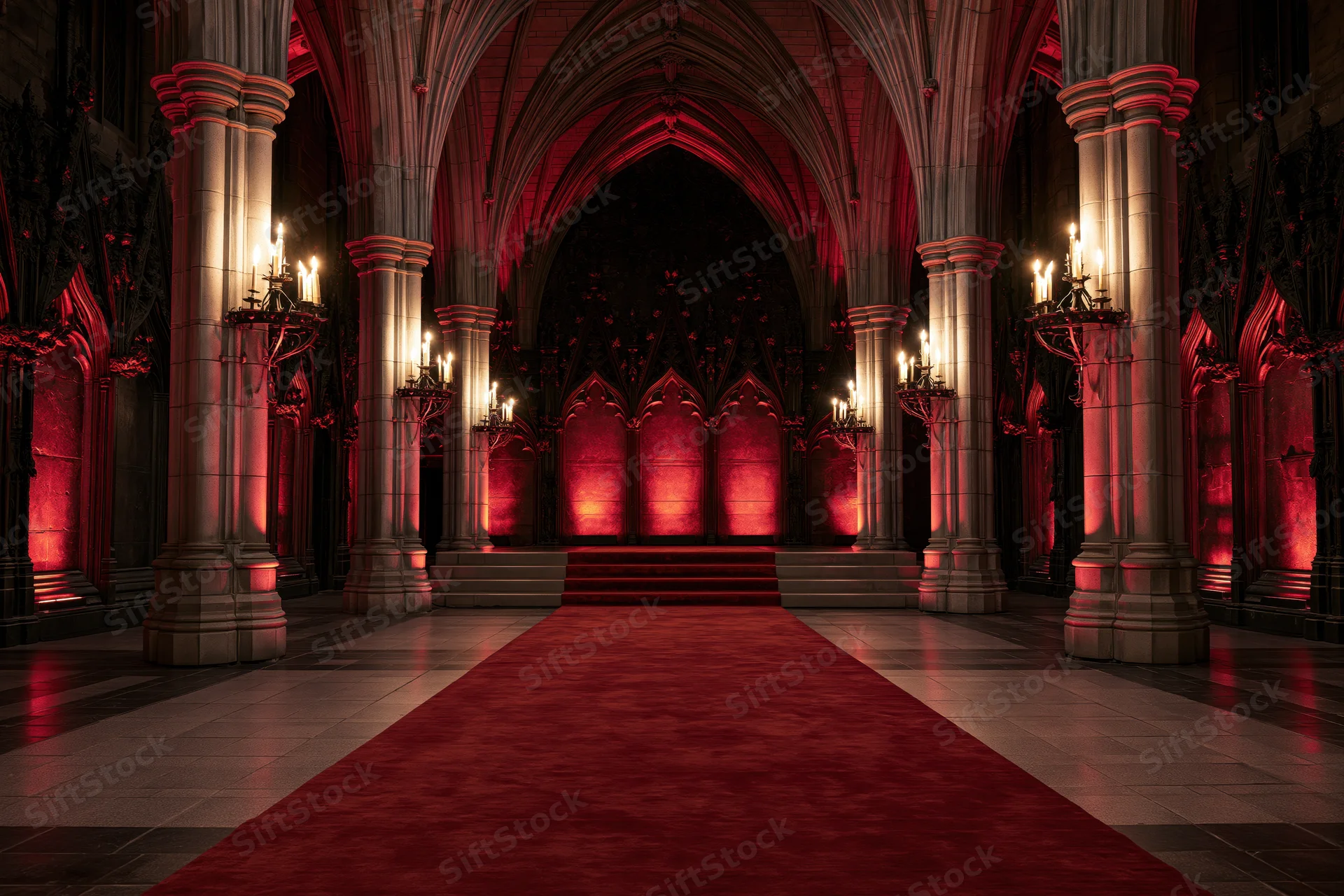 Gothic hall interior with stone columns and red carpet leading to a raised platform under candlelight