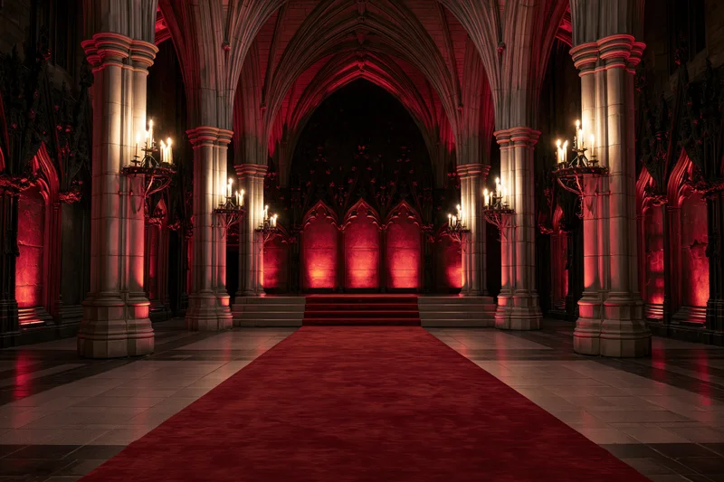 Gothic hall interior with stone columns and red carpet leading to a raised platform under candlelight