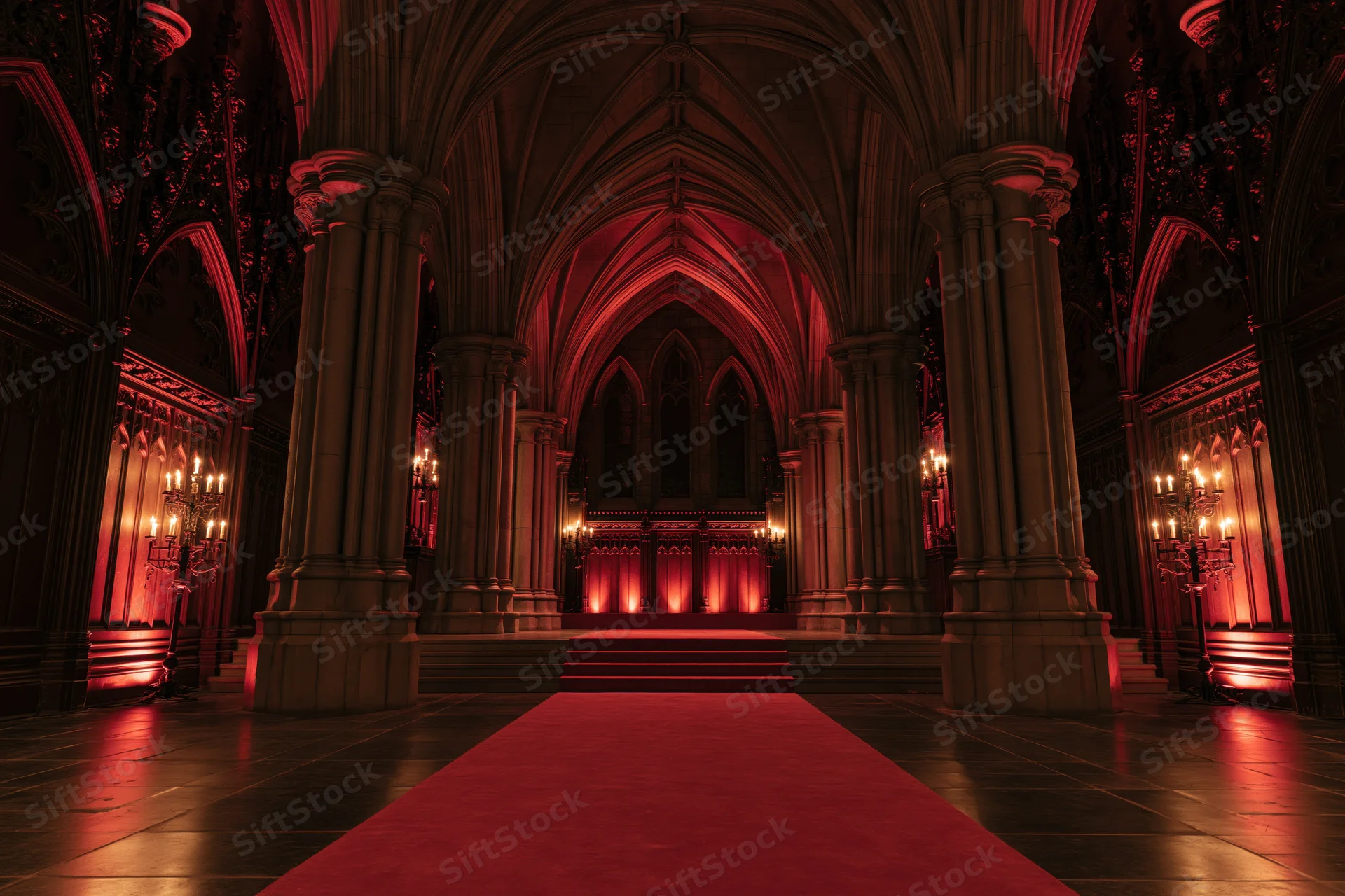Gothic hall interior with stone columns and red carpet leading to altar under candlelight