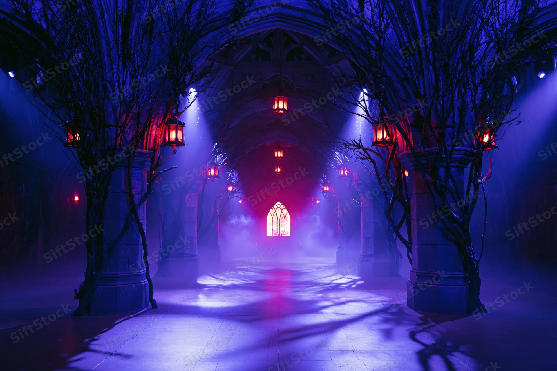 Symmetrical gothic hall with arched stone ceiling, red lanterns, bare trees, and misty blue lighting leading to a glowing stained glass window