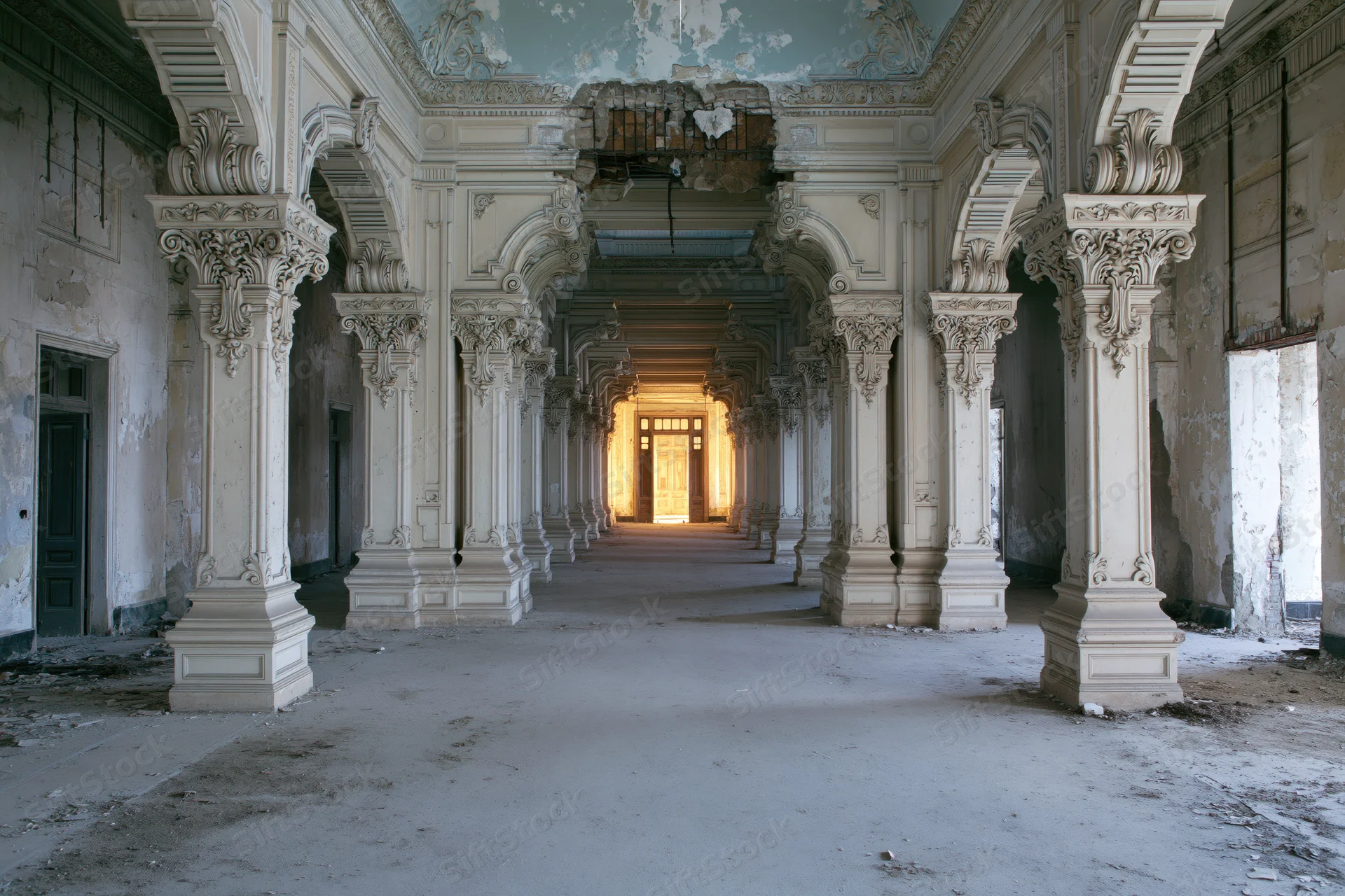 Long ornate hallway in abandoned colonial building with decaying columns and light at far end