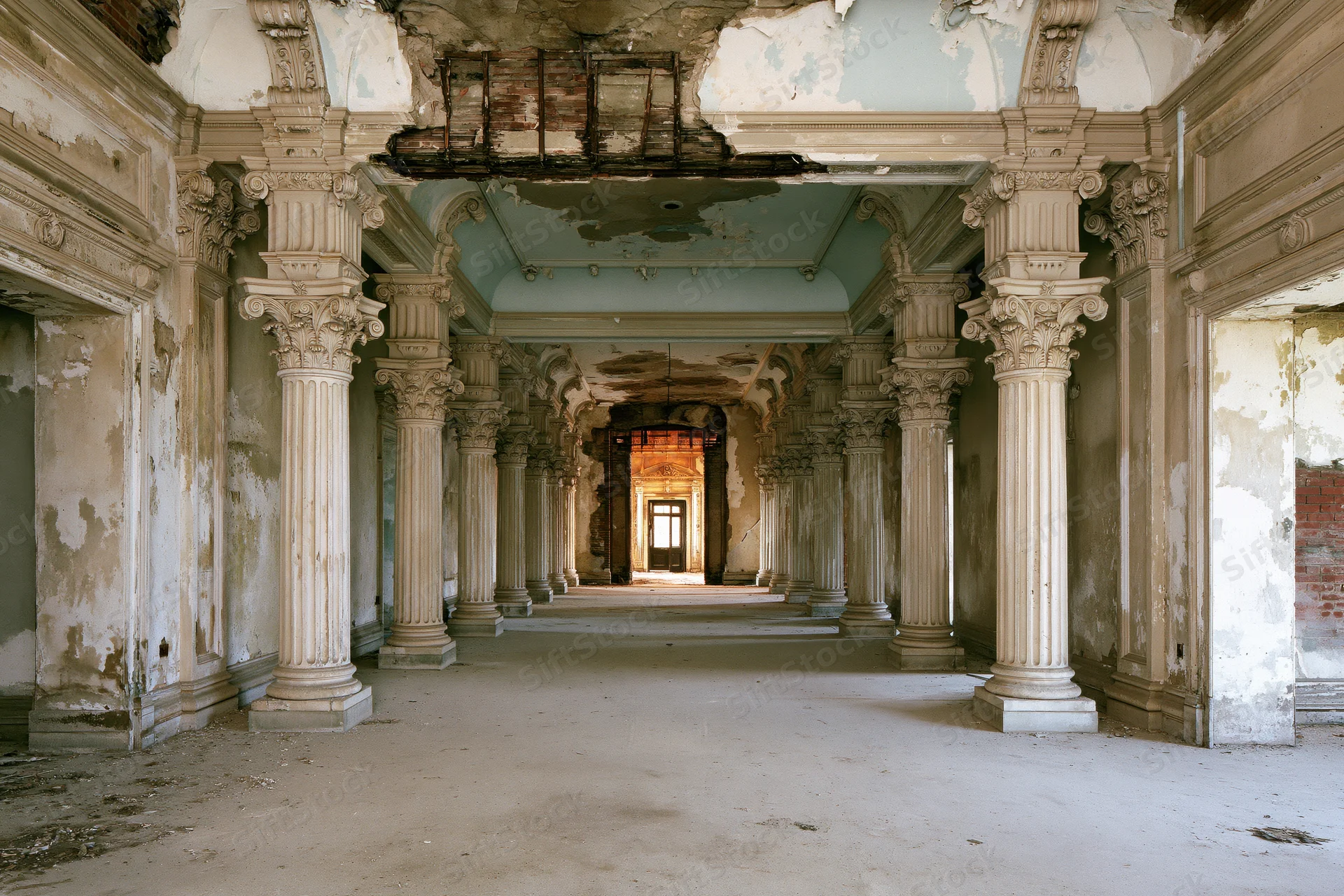 Grand abandoned colonial hall with decaying columns and peeling plaster interior