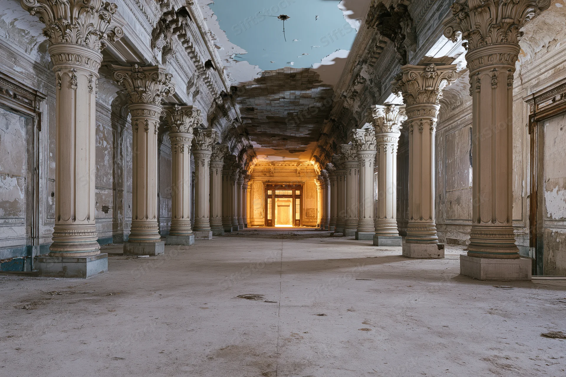 Grand abandoned colonial hall with corinthian columns and damaged ceiling, empty interior space