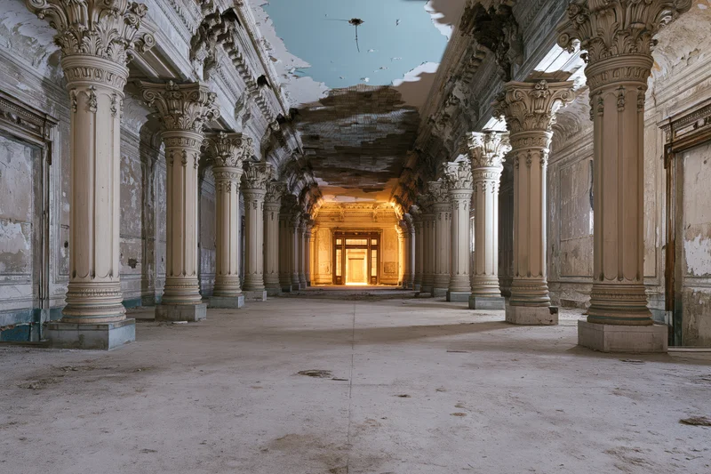 Grand abandoned colonial hall with corinthian columns and damaged ceiling, empty interior space