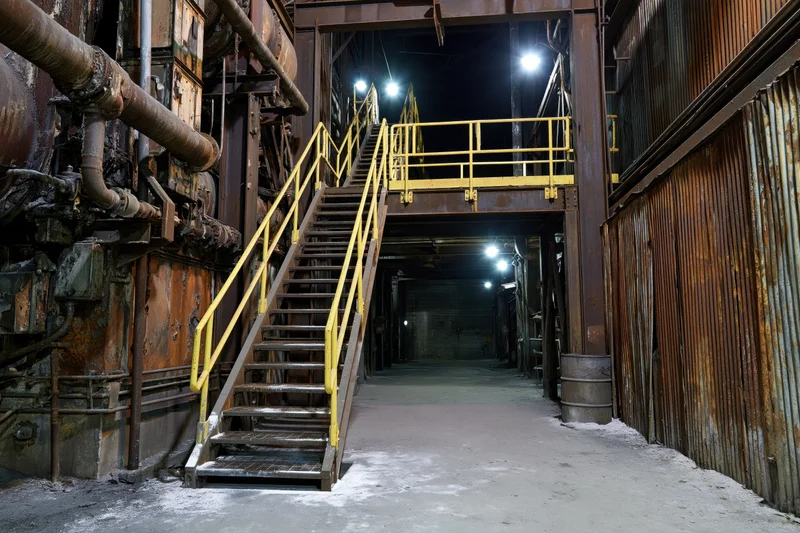 Interior of a heavy industrial facility with rusted machinery and yellow metal staircase leading to an upper platform