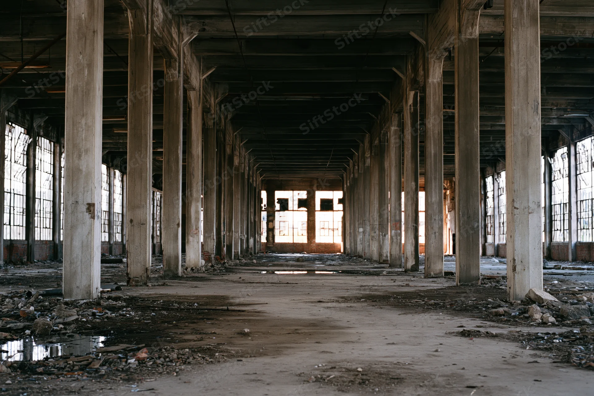 Empty interior of abandoned industrial warehouse with concrete pillars and debris on floor