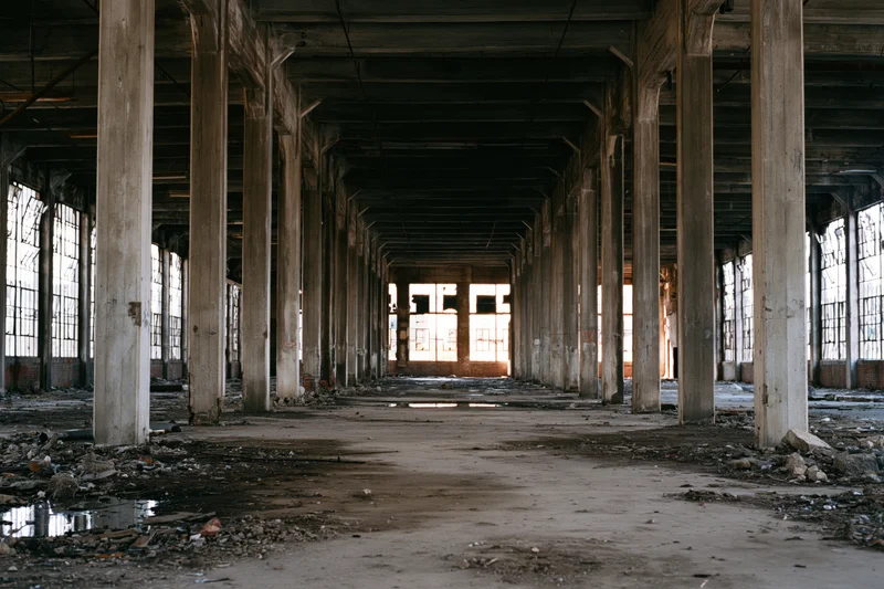 Empty interior of abandoned industrial warehouse with concrete pillars and debris on floor