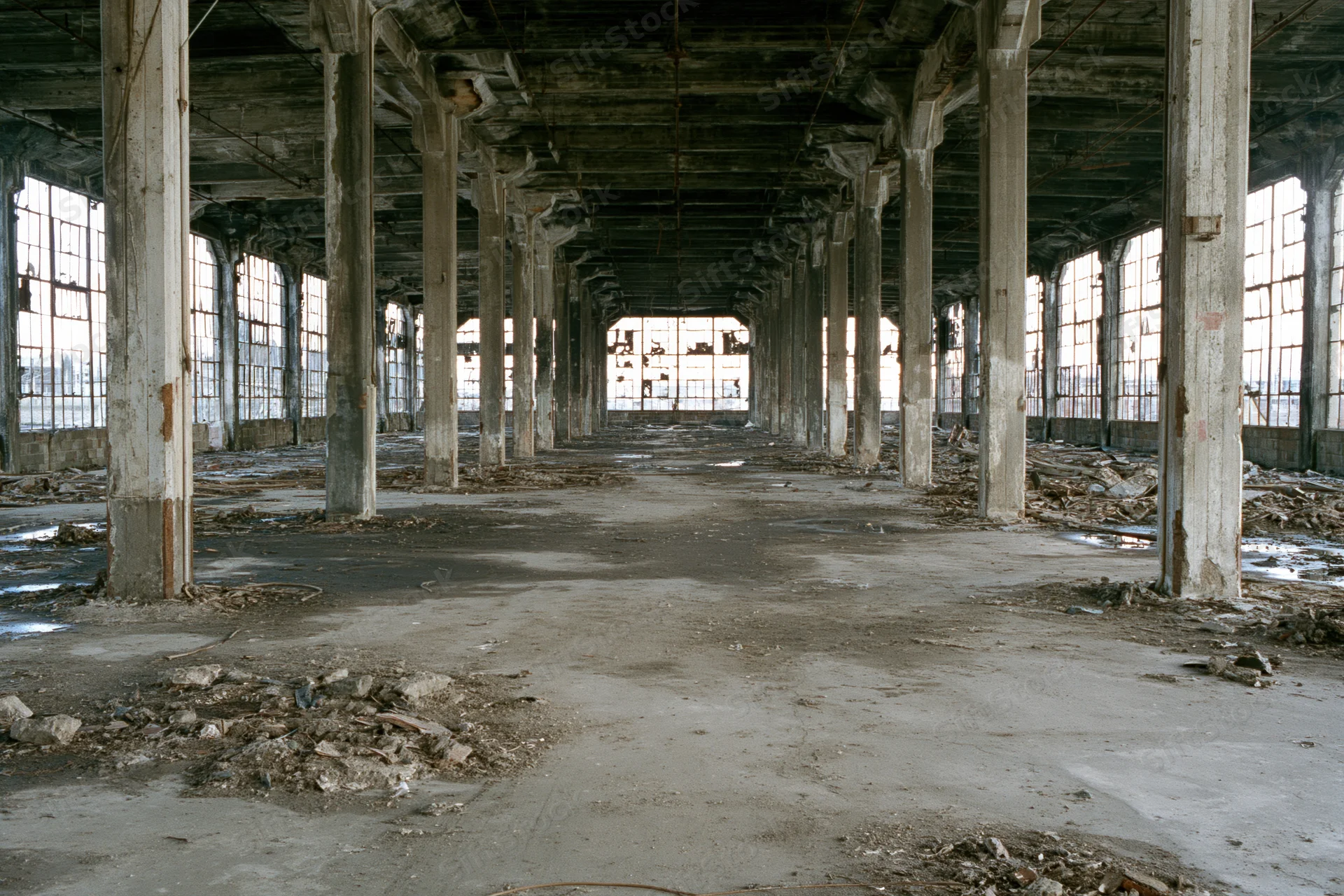 Empty interior of abandoned industrial warehouse with concrete pillars and debris on floor