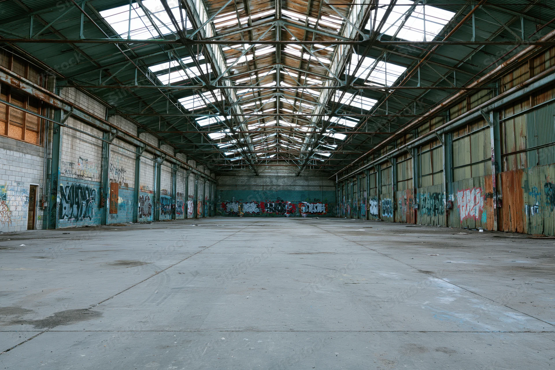 Empty interior of a vast abandoned industrial warehouse with graffiti-covered walls and a high steel-framed ceiling