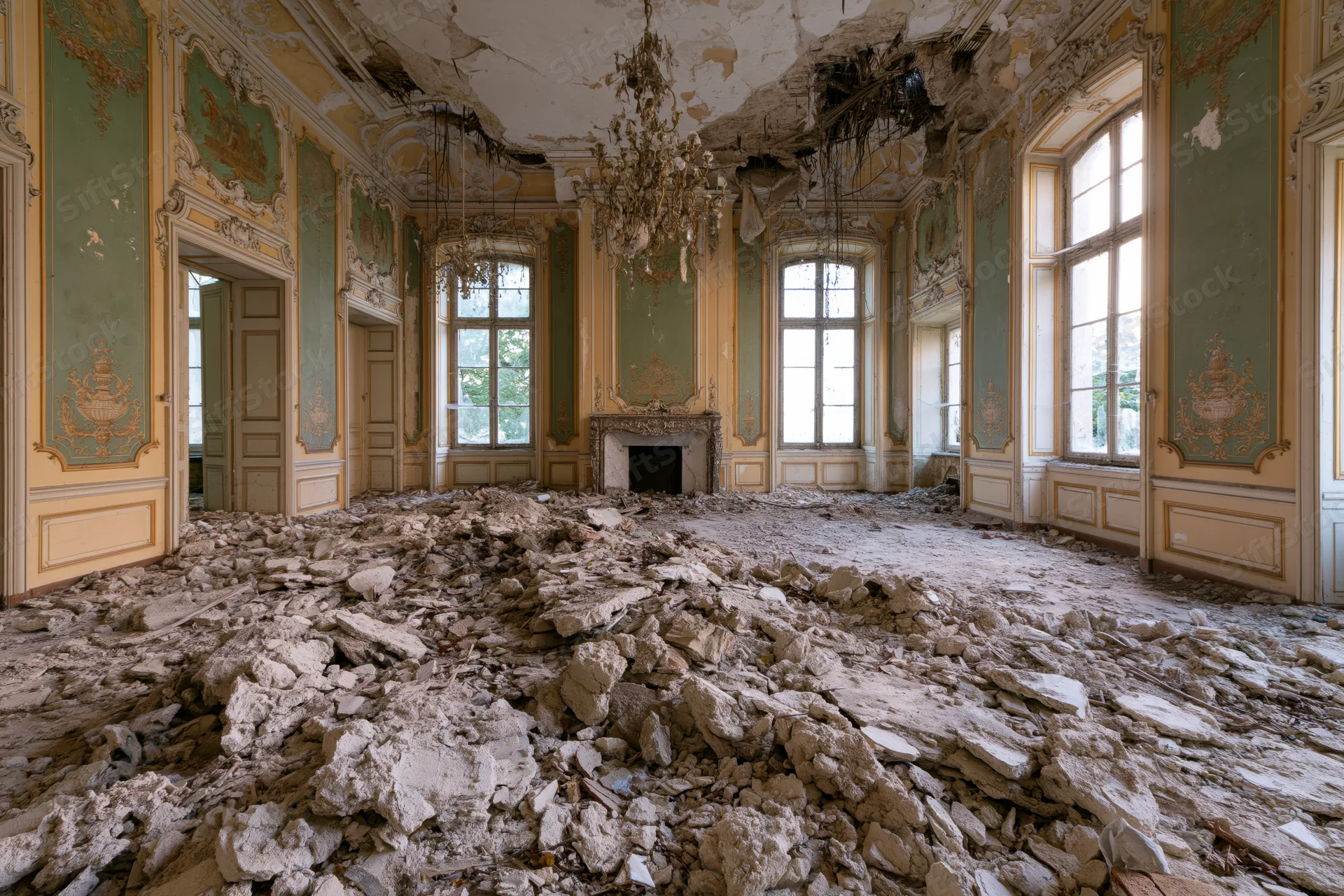 Abandoned 18th-century european villa ballroom interior with collapsed ceiling and rubble covering the floor