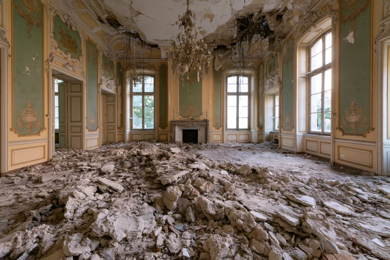 Abandoned 18th-century european villa ballroom interior with collapsed ceiling and rubble covering the floor