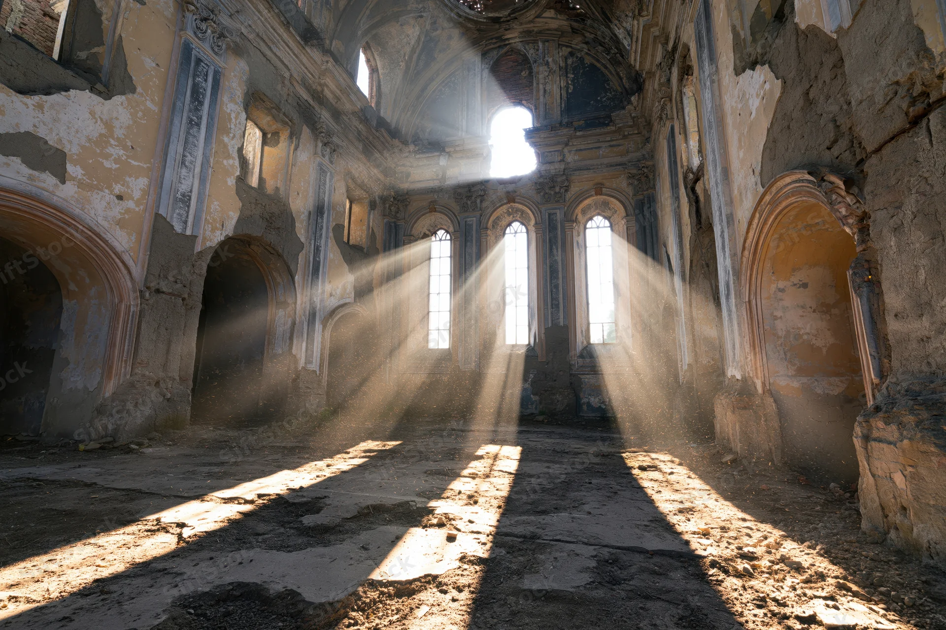 Sunbeams streaming through broken windows in the empty nave of an abandoned baroque church