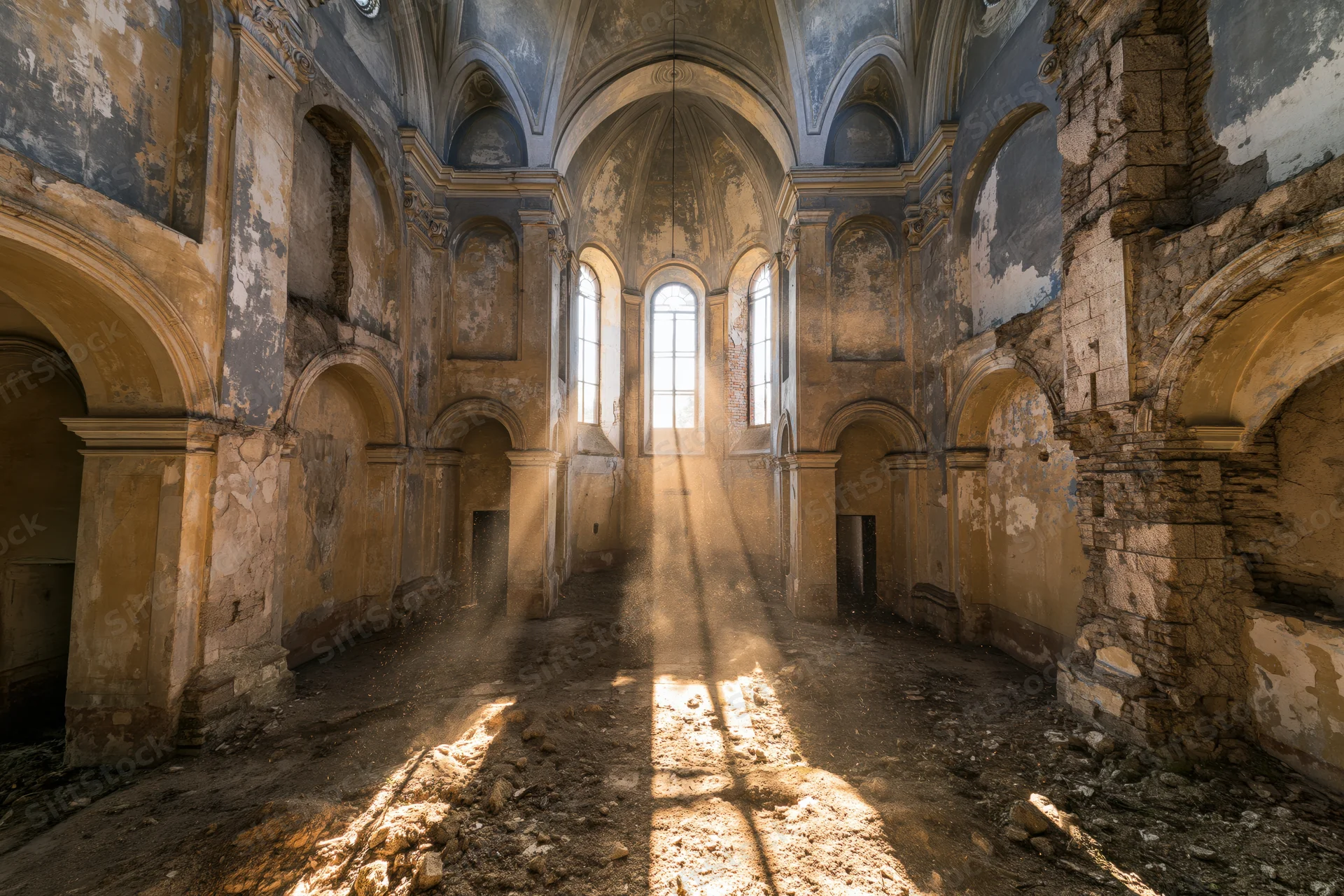 Abandoned baroque church interior with sunbeams through arched windows illuminating dusty nave floor