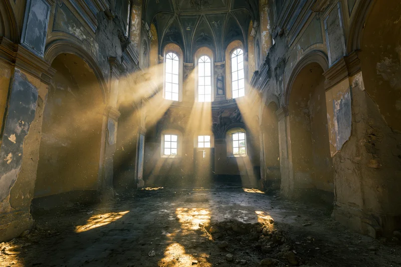 Sunbeams streaming through arched windows in the empty nave of an abandoned baroque church