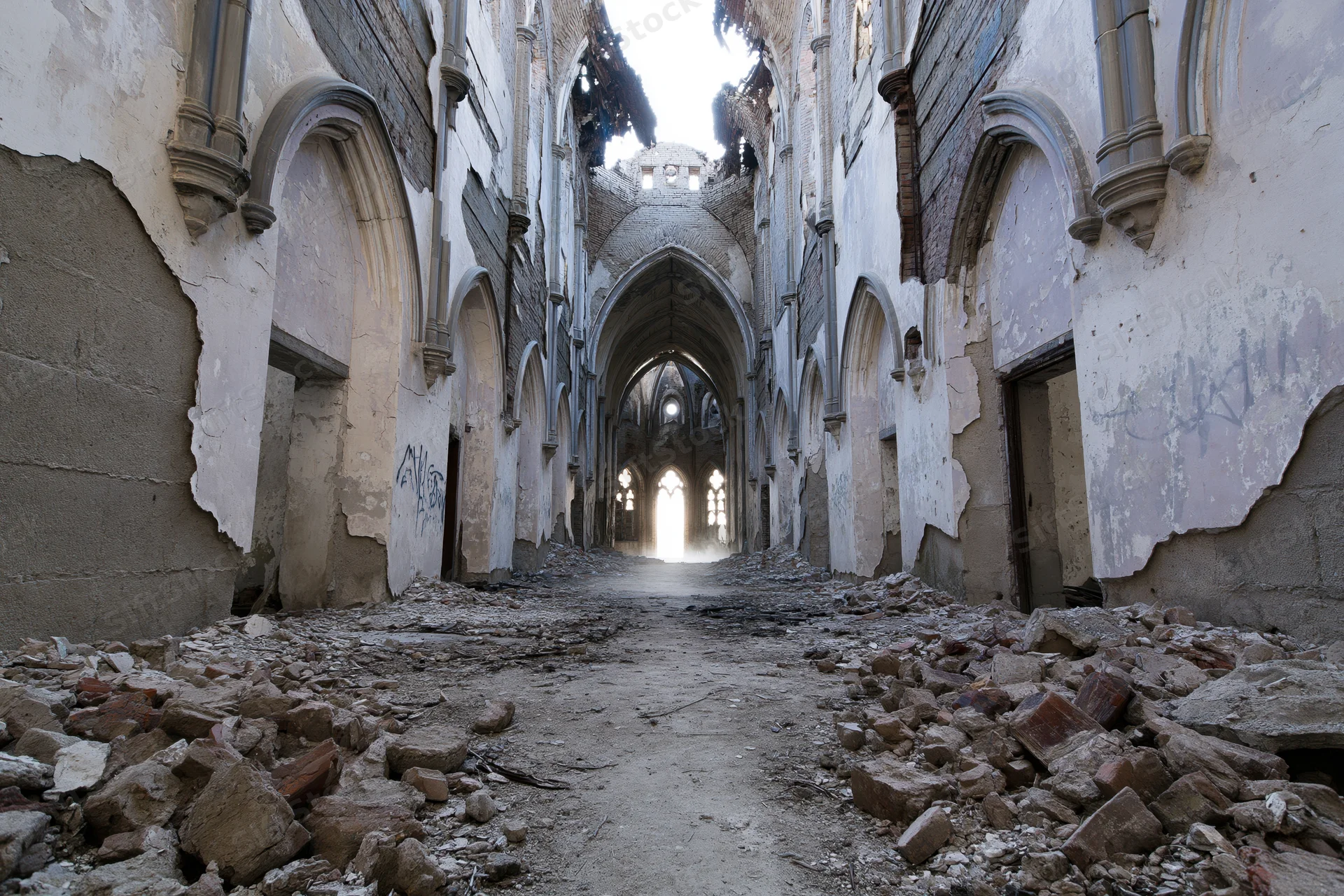 Crumbling gothic hallway with arched ceilings and rubble-covered floor in abandoned building