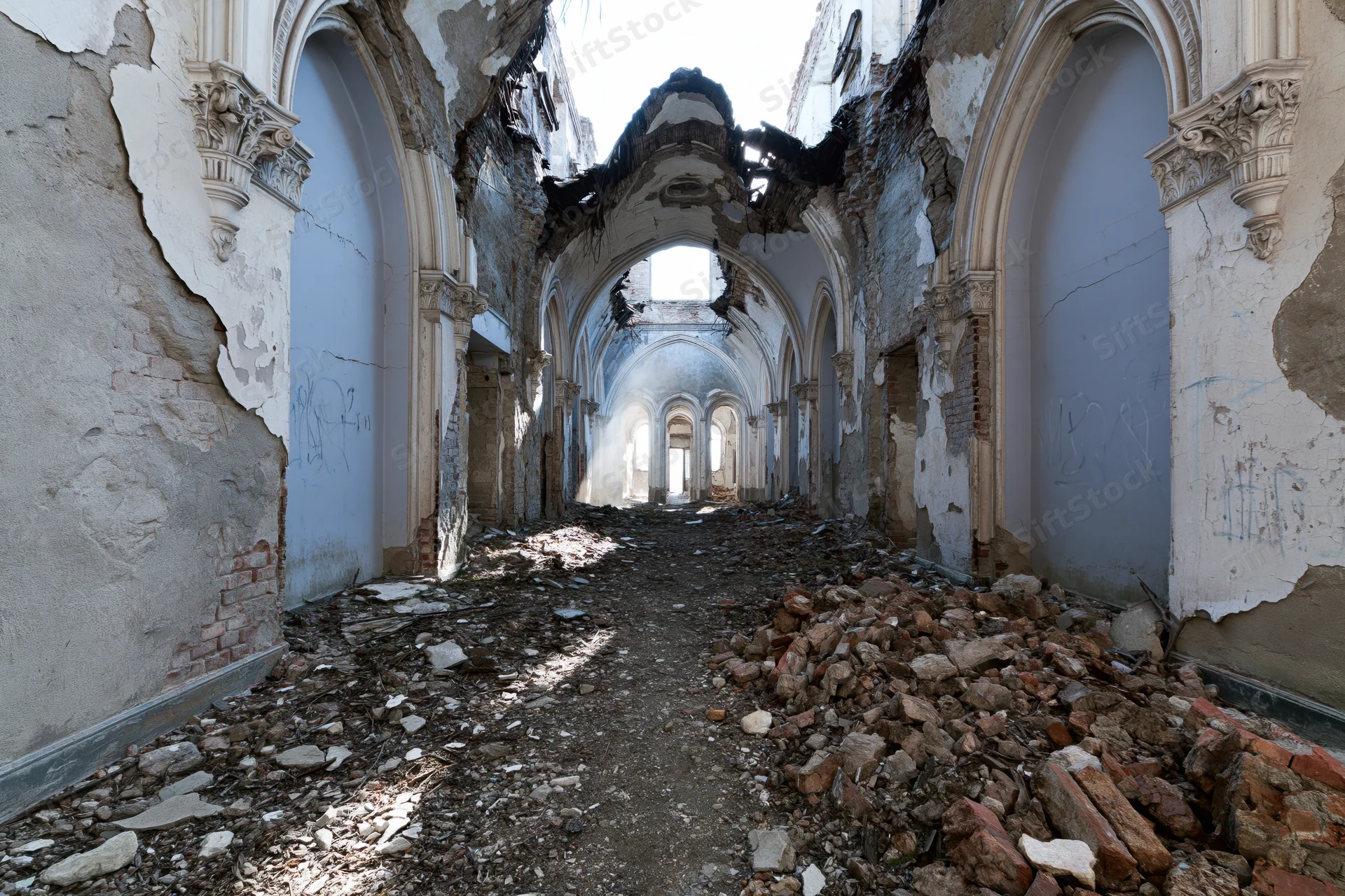 Crumbling hallway with gothic arches and rubble under daylight