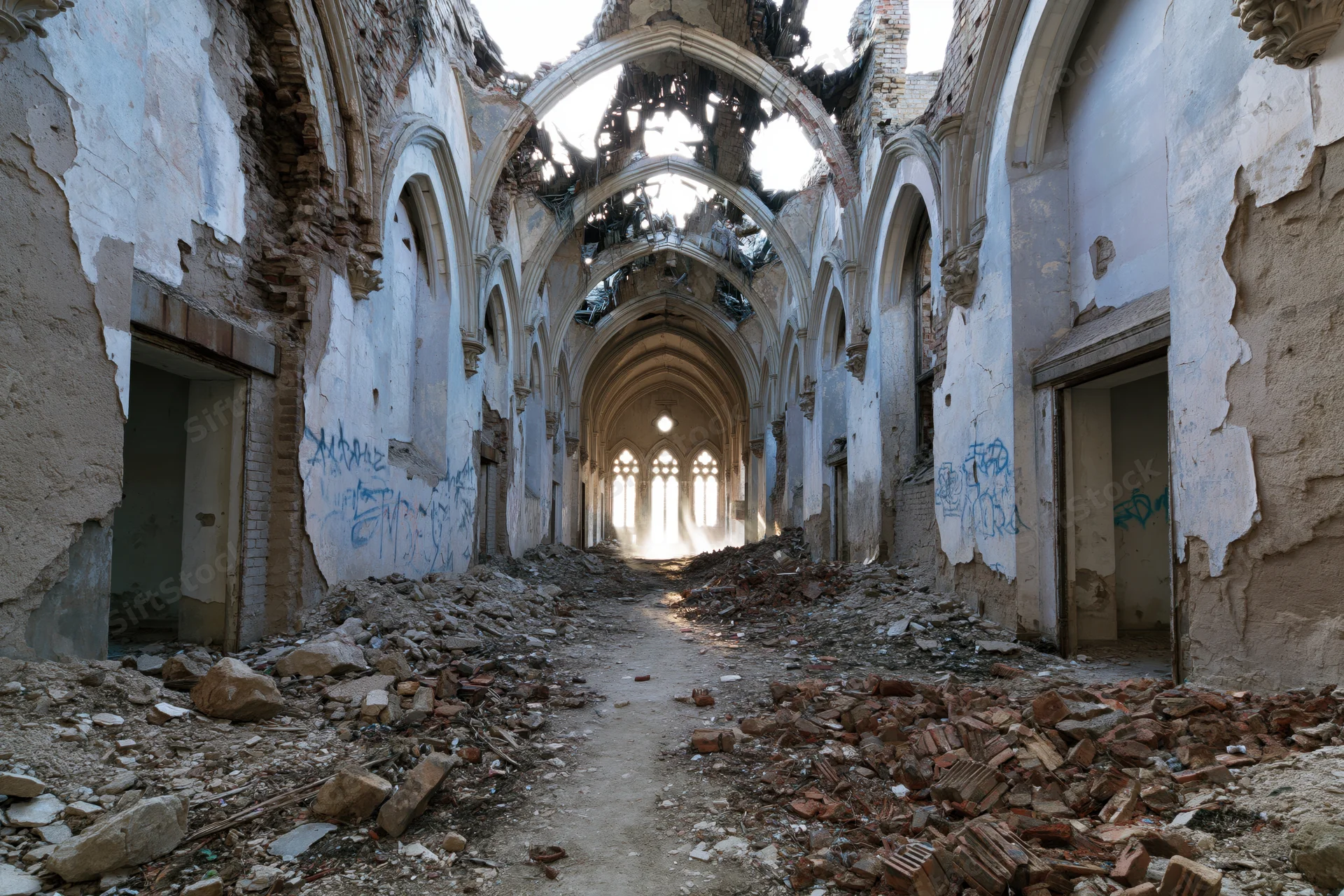 Crumbling gothic hall interior with rubble and broken arches leading to lighted windows
