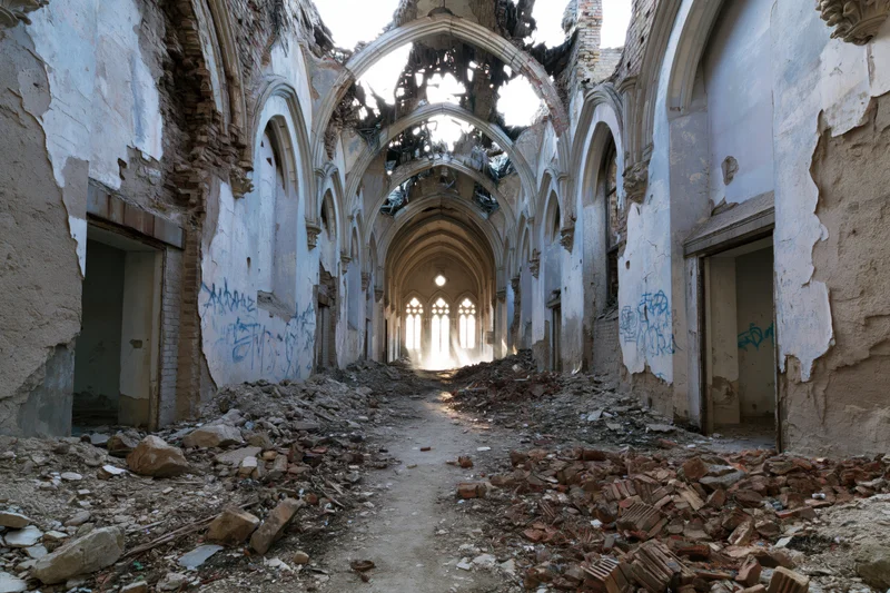 Crumbling gothic hall interior with rubble and broken arches leading to lighted windows