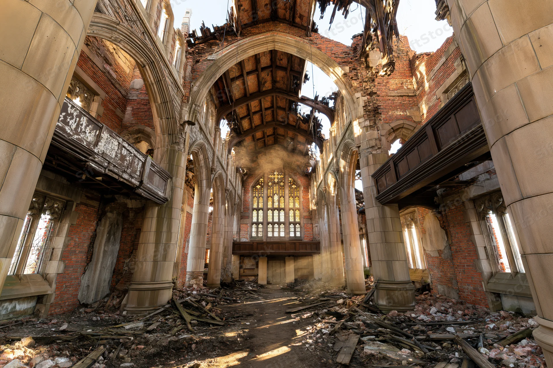Interior of a ruined gothic church nave with collapsed ceiling and debris scattered across the floor