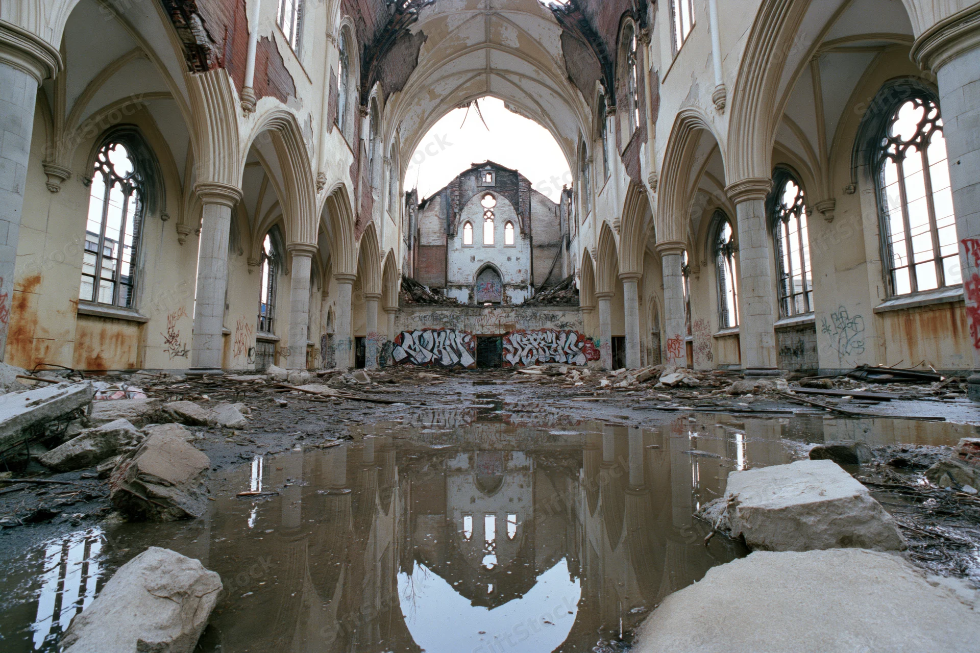 Abandoned gothic church nave with collapsed ceiling and puddles reflecting arched windows