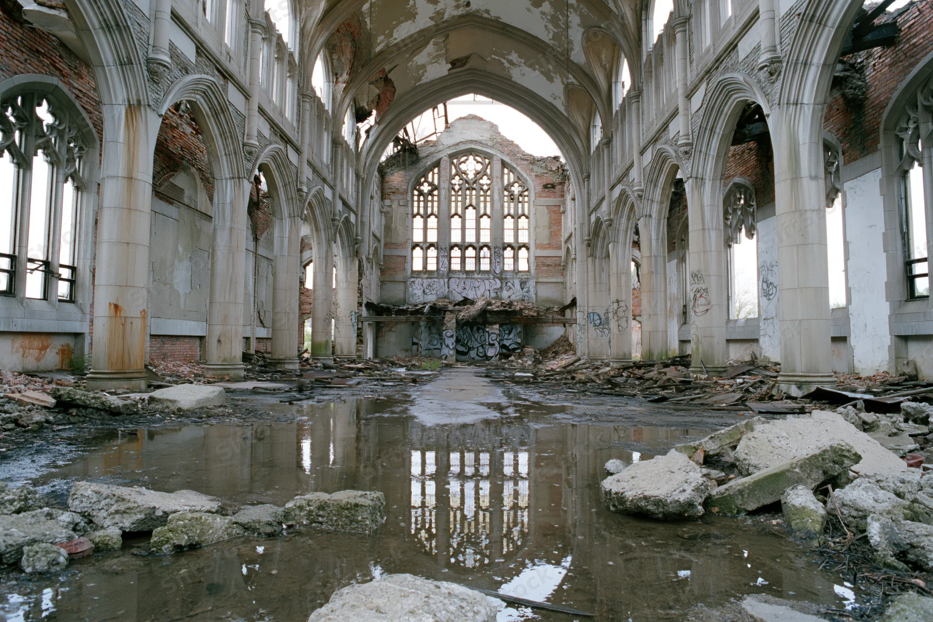 Interior of abandoned gothic church nave with broken windows and water puddles reflecting stone arches