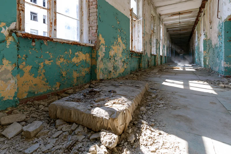 Long hallway in abandoned soviet-era building with damaged mattress and debris on floor