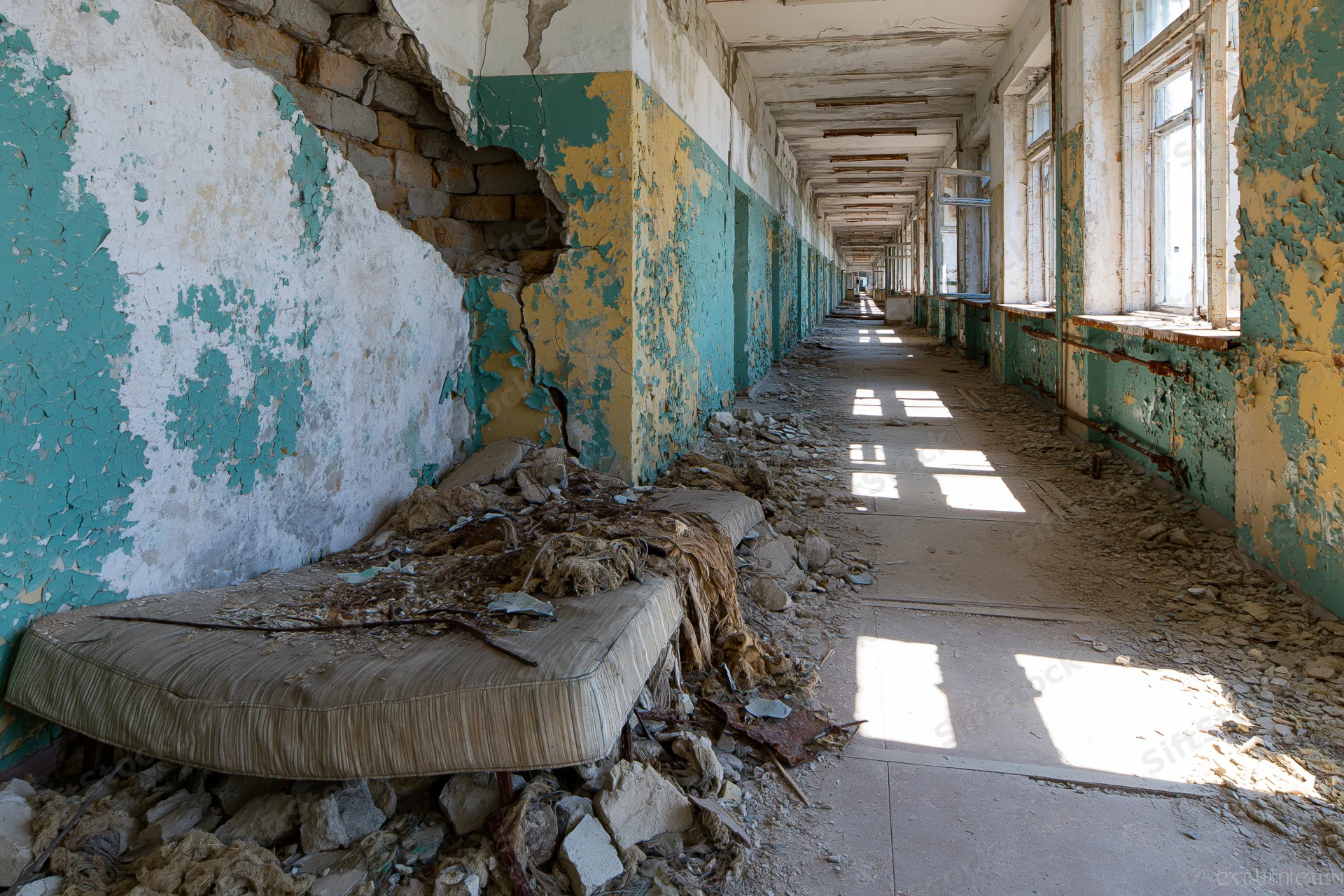 Long hallway in abandoned soviet-era building with peeling paint and discarded mattress among rubble