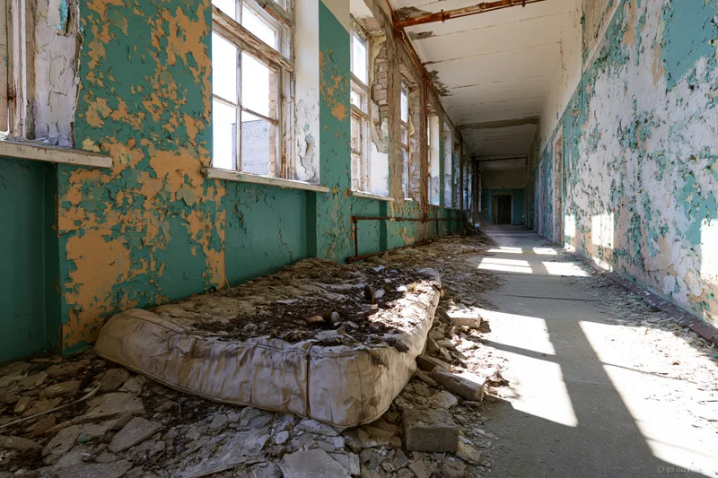 Long hallway in abandoned soviet-era building with peeling teal paint and discarded mattress on rubble-strewn floor