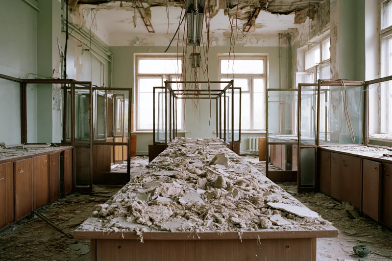 Abandoned laboratory interior with collapsed ceiling and debris-covered table surrounded by broken display cases and wooden cabinets