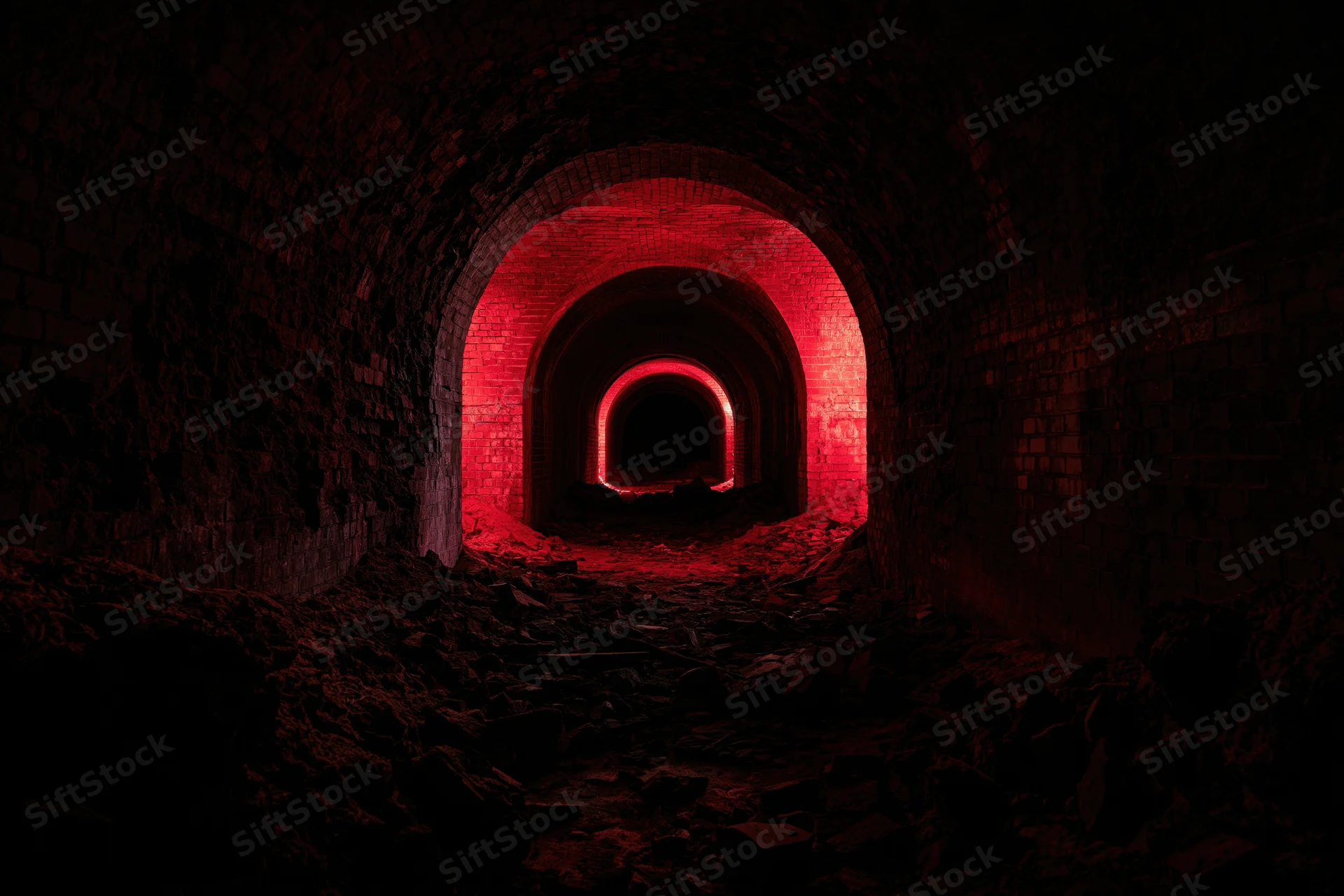 Arched brick tunnel illuminated by red light in abandoned underground cellar