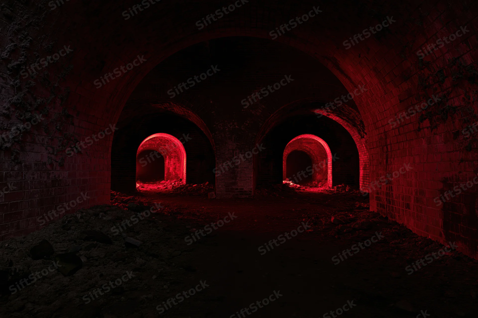 Dark red-lit arched brick tunnel in abandoned underground cellar