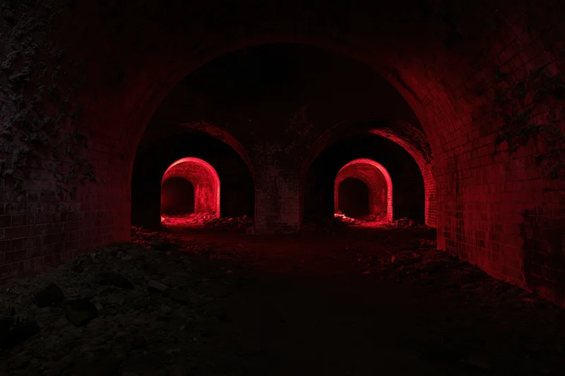 Dark red-lit arched brick tunnel in abandoned underground cellar