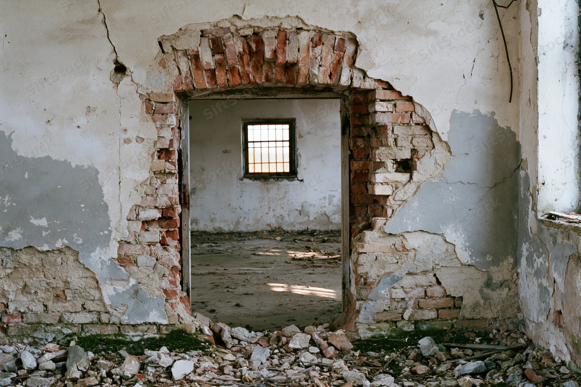 Crumbling brick archway in abandoned building interior with rubble and peeling walls