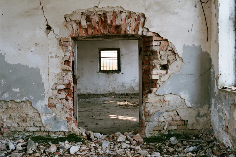 Crumbling brick archway in abandoned building interior with rubble and peeling walls