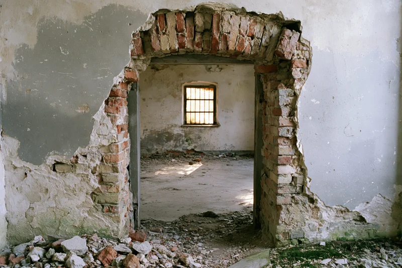 Crumbling brick archway in abandoned building interior with debris and barred window in background