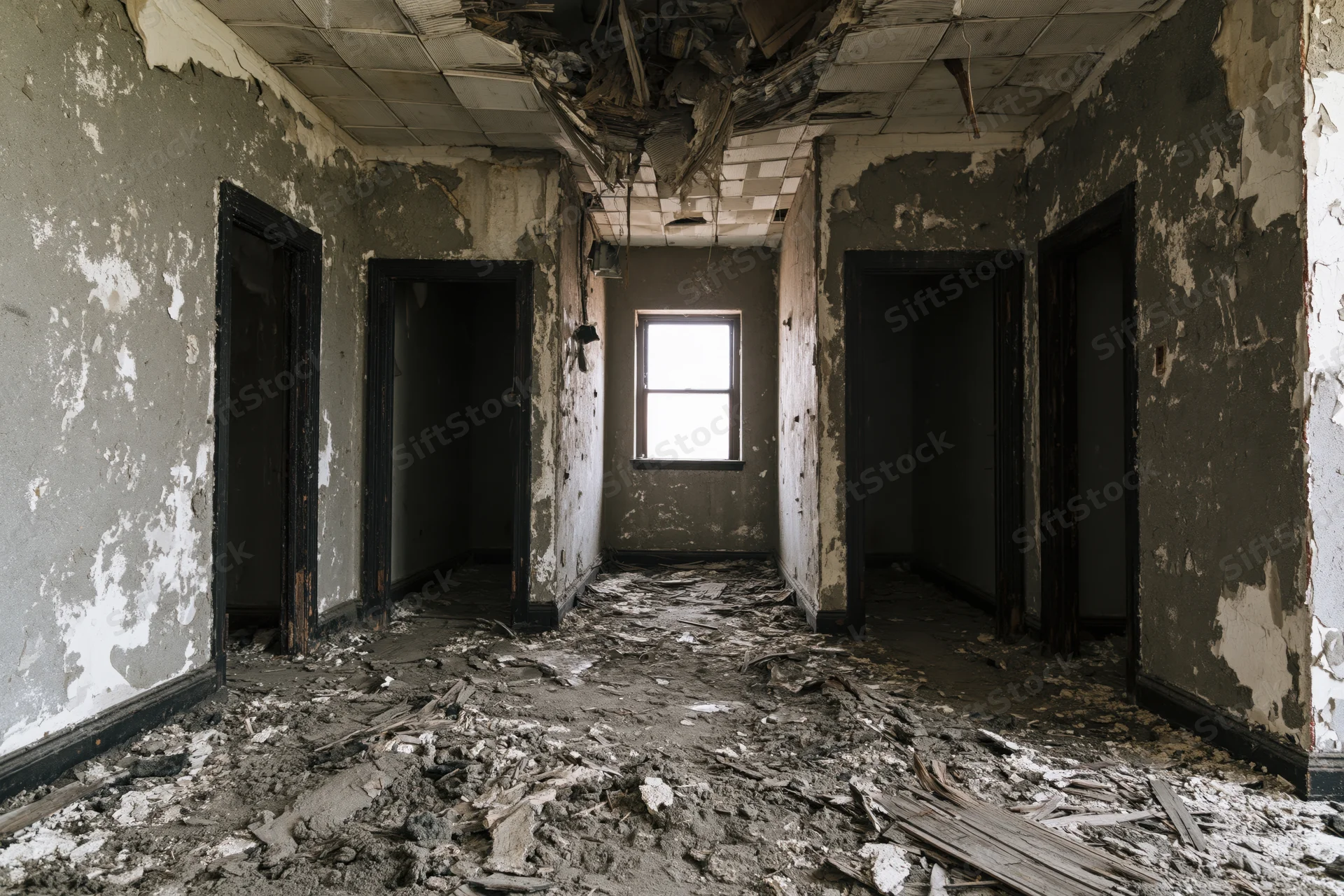 Abandoned room interior with collapsed ceiling and debris on floor, three dark doorways and a window at the end